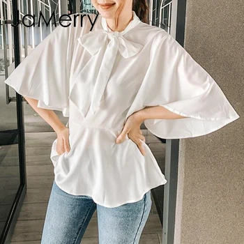 

JaMerry Elegant solid white neck tie women blouse shirt Flare sleeve casual streetwear female blouse shirt Casual spring tops