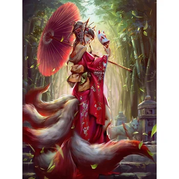 

Japanese Diamond Painting Portrait Nine-Tailed Fox Picture Rhinestone Full Round Diamond Embroidery Cartoon Home Decoration