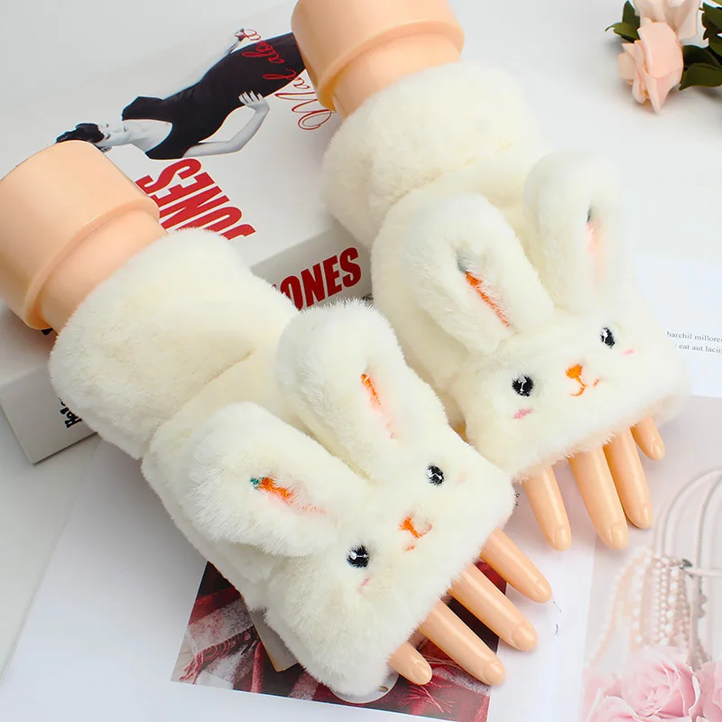 Rabbit White Модные перчатки, детские варежки, держатель для мелочей для девочек, утепленные Лоскутные теплые зимние перчатки - Цвет: Rabbit White