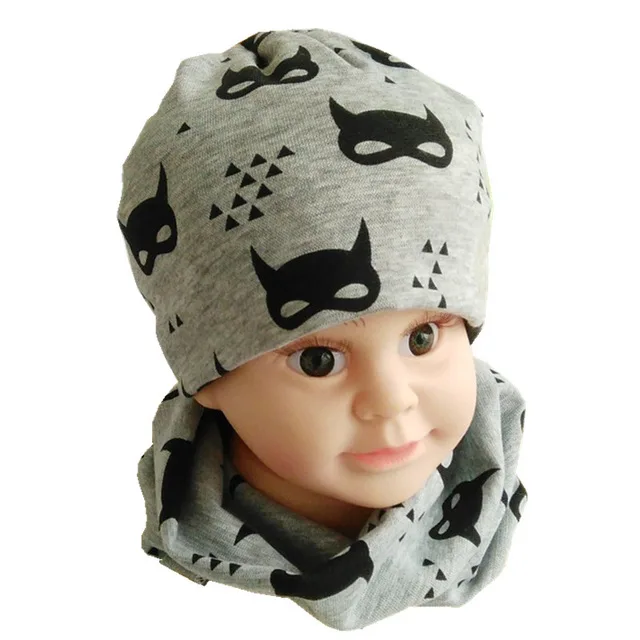 Весенняя детская шапка, шарф, осенний комплект для мальчиков и девочек, шапка с воротником, теплый шейный платок, детские вязаные шапки, комплект, хлопковая детская шляпа, шарф - Цвет: cat grey