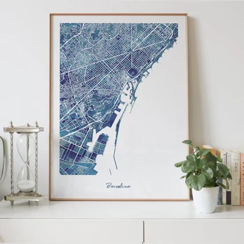 

BARCELONA city map print, watercolor-blue painting print of Spain map wall art decor framed poster, artwork map gift for couple