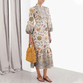 

Vintage Designer Women Print Dress Mandarin Collar Long Sleeve Pleated Dresses Z1208