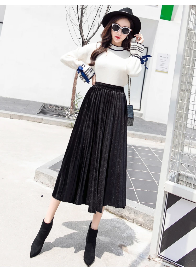 Новинка, модные зимние женские юбки, длинные серебристые плиссированные юбки с высокой талией, эластичные Повседневные Вечерние винтажные юбки