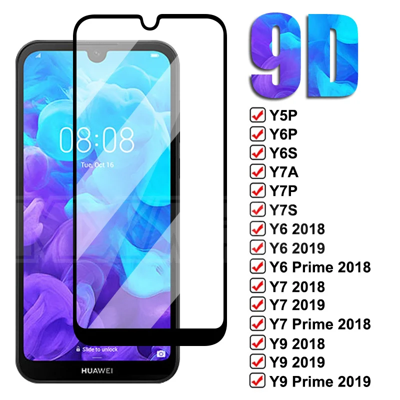 9D Защитное стекло для Huawei Y5P Y6P Y6S Y7A Y7P Y7S Y8P Y8S Y9A Y9S Y6 Y7 Y9 Prime 2018 2019 закаленное защитное