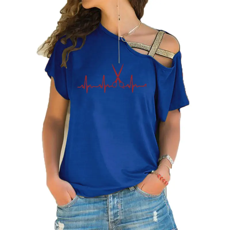 Новая летняя футболка для парикмахера с сердцебиением, Женская хлопковая футболка с коротким рукавом для девочек, футболка парикмахера, Асимметричная футболка с перекрещивающимися полосками