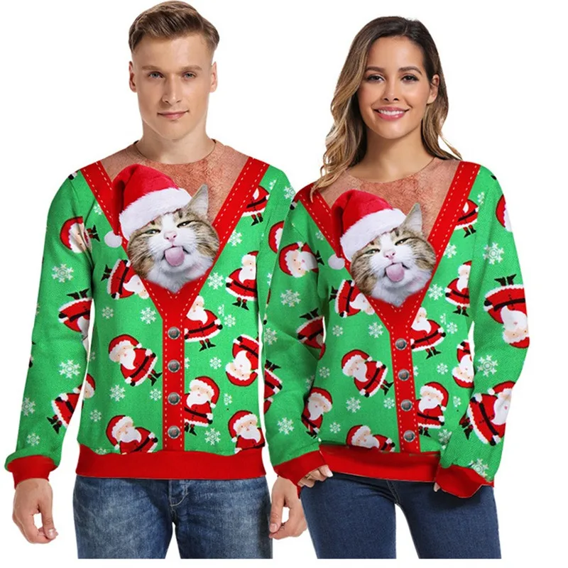 Мужской и Женский Уродливый Рождественский свитер, пуловер, толстовки, свитшоты с 3D принтом Санта Клауса, кота, графический свитер с длинным рукавом, джемперы, топы