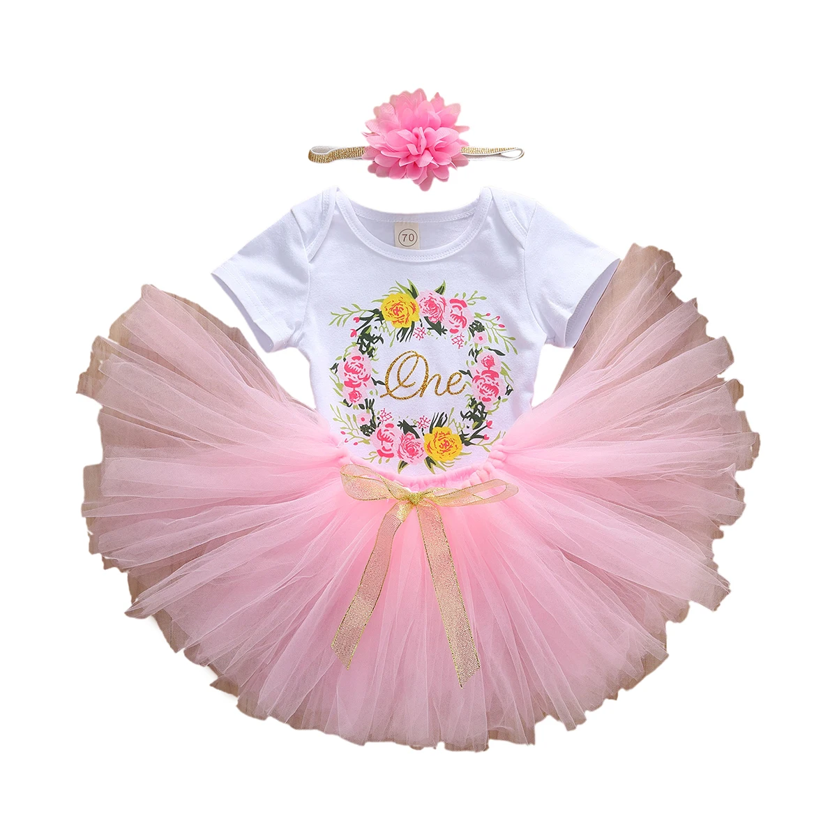 

Newborn Summer Letter Floral Short Sleeve Bodysuit Solid Mesh Skirt Headwear Set Baby Girl Breathable Jumpsuit with Bubble Skirt
