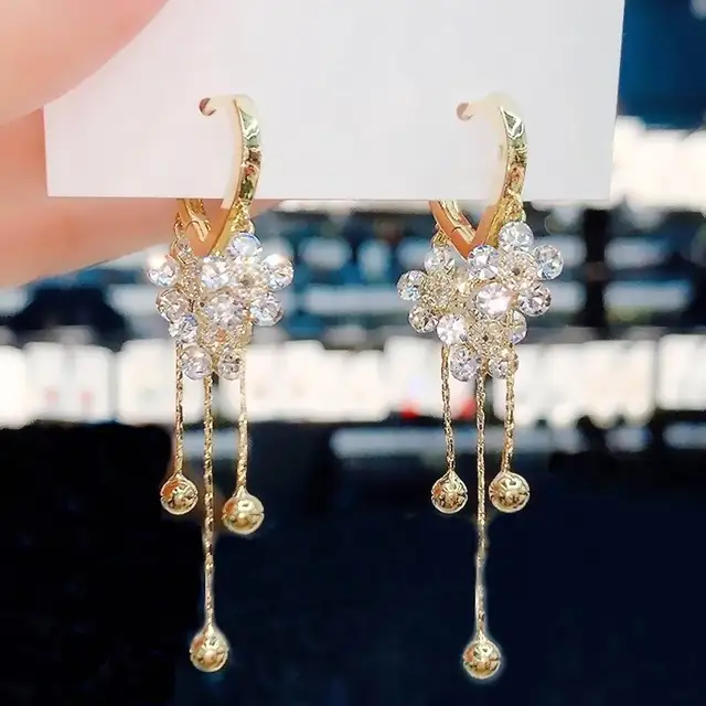 Luxury Zircon Flower Beads Tassel Long Earrings For Female Korean Style 2