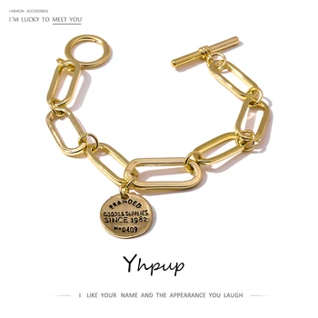 

Yhpup Vintage Round Pendant Copper Chain Bracelet for Women Trendy Metal Golden Texture Bracelet Jewelry бижутерия для женщин