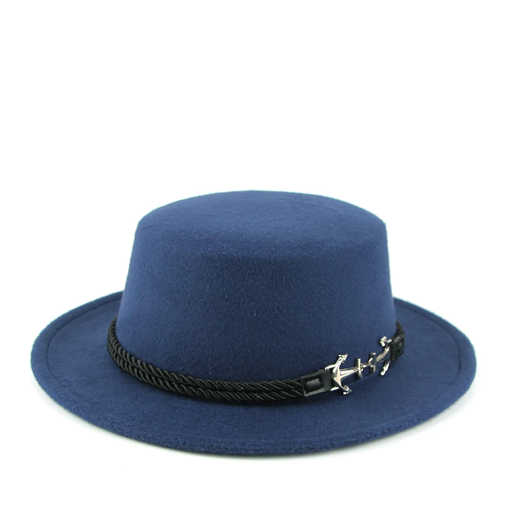 Женская Фетровая Шляпа Fedora, зимние шляпы с широкими полями, осенняя мода, церковная женская имитация шерсти, мужская фетровая шляпа, джазовая шляпа-котелок - Цвет: navy blue