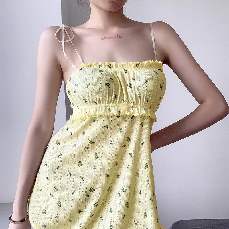 2020 Summer Flower Print Loose Soft Sling Dress Women Casual Home Wear Fashion Dress Lady Elegant Yellow White Clothing