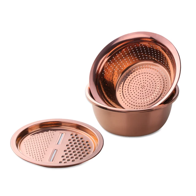 3 Pcs/Set Vegetable Slicer Drain Food Vegetable Cutter Peeler With Drain Basket Multi-Functional Fruit Kitchen Tool Rose gold