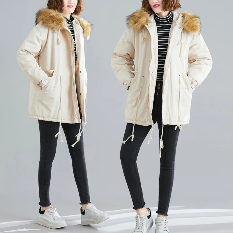 

Large Austrian WOMEN'S Dress Loose-Fit Large Fur Collar Mid-length Thick Workwear Cotton Coat Hooded Cotton-padded Jacket Coat W