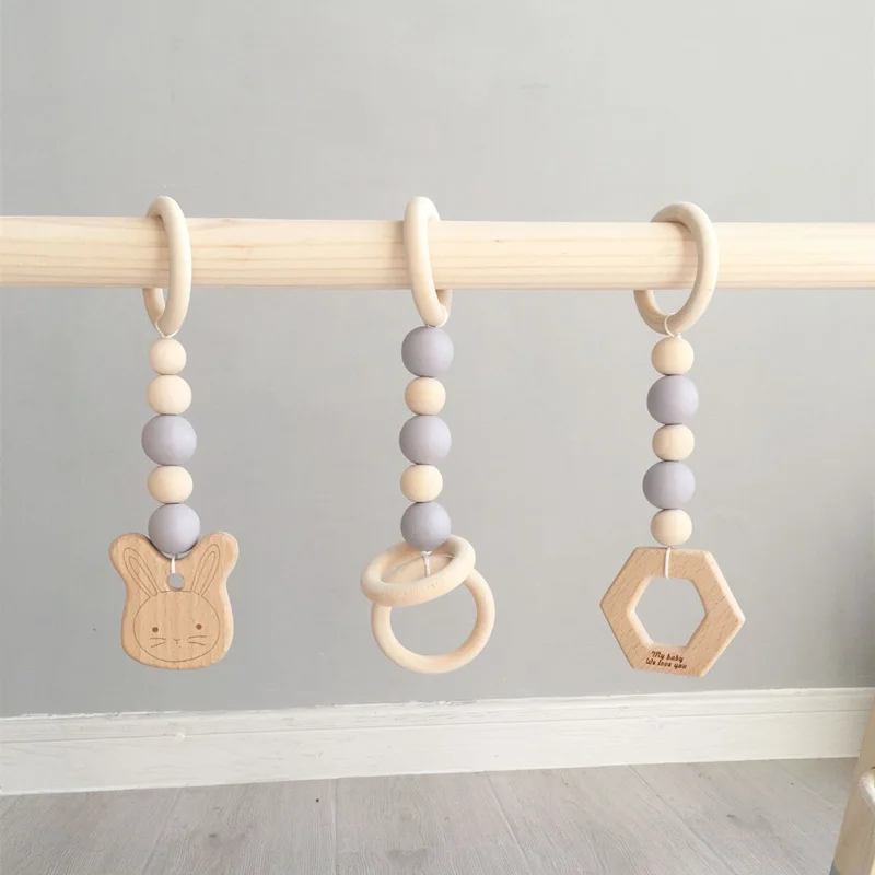 3PCS/Set Baby Play Gym Silicone Beads Wood Teether Toddler Hanger Rattle Wood Ring Teething Toys For Newborn Baby Pram Toy Gifts