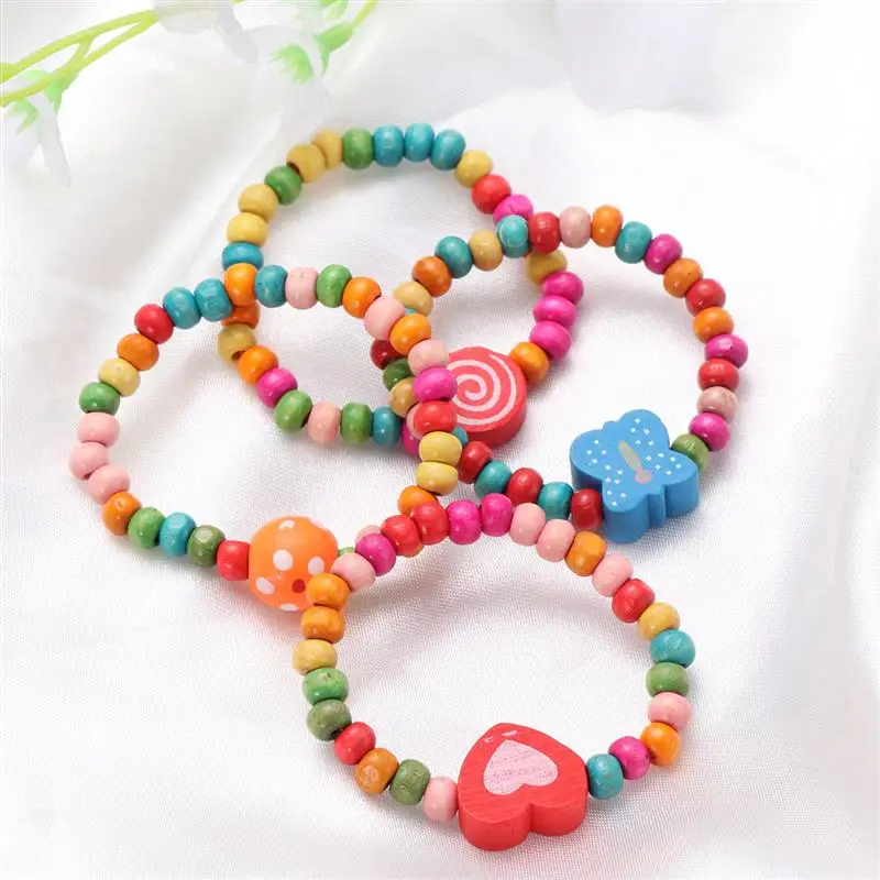 10/12pcs Party Bag Natural Wood Bracelet Kids Party Gift Elastic Wooden Beads Bracelet Children Girls