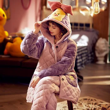 

2020 Women pajama set Cartoon Yellow duckling winter lingerie Cute girl Warm and comfortable purple Lounge winter clothing