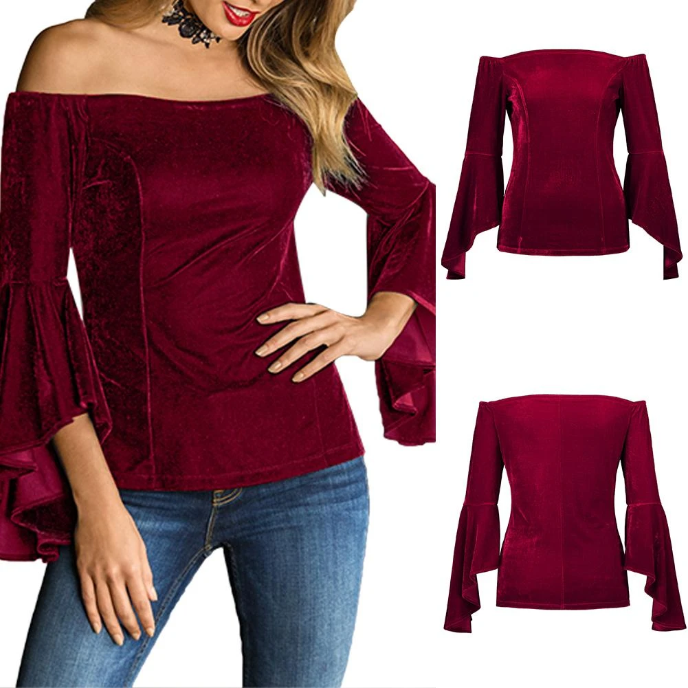 Vintage blusas Mujeres de terciopelo suave de un hombro superior campana manga larga blusas de las mujeres Top blusas de mujer|Blusas y camisas| -