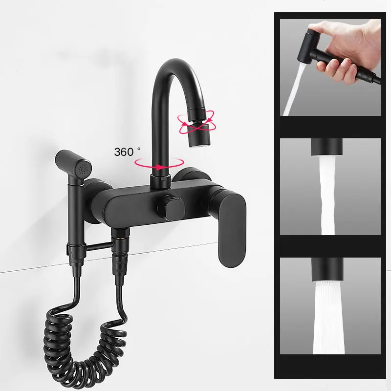 white kitchen sink Black Folding  Long Spout Pull Out  Spring Sprayer Single Hole Kichen Faucet Wall Mounted Brass Mixer Tap Dual Spouts large kitchen sink Kitchen Fixtures