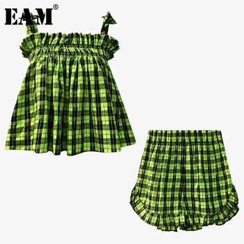 

[EAM] Wide Leg Shorts Plaid Rufflfes Two Piece Suit New Sleeveless Loose Fit Women Fashion Tide Spring Summer 2020 1T311