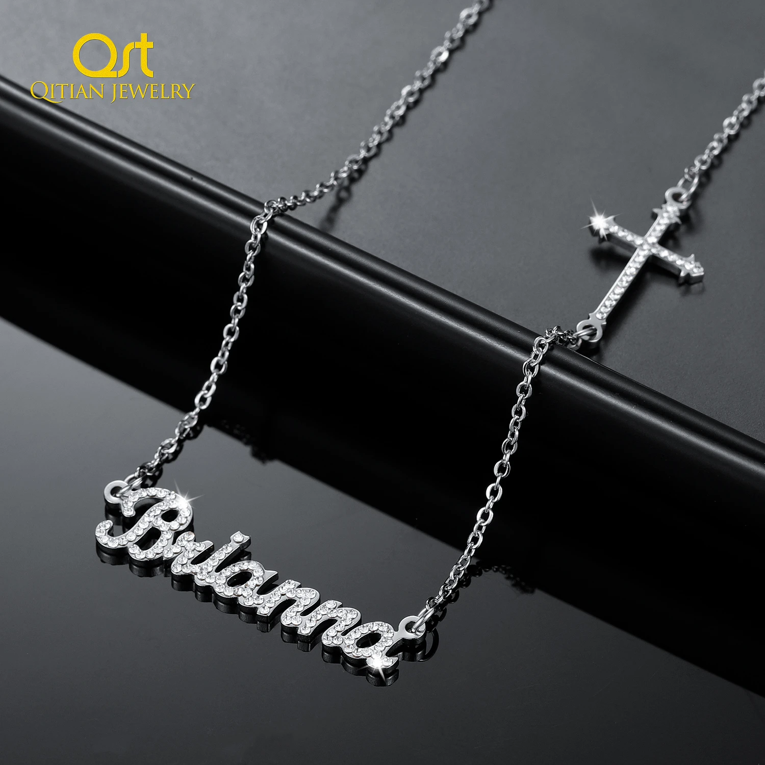 Customized Iced Out Name Necklace With Cross Symbol Dainty