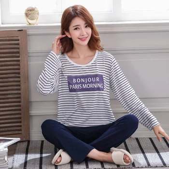 

2 Pcs Long Sleeve+Pants Pajamas For Women Spring Summer Thin Cotton Leisure Comfortable Pyjama Sets For Girl