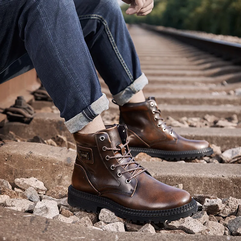CEVABULE Autumn/Winter Martin Boots Outdoor Men's Workshoes Big Size British Leather Boots Men's Head Leather Plus Velvet