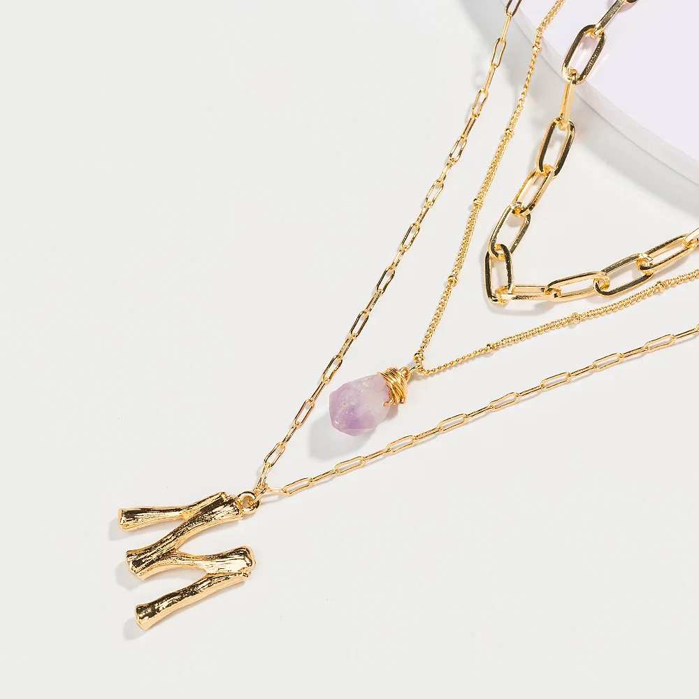 

Natural Purple Stone MultilayerPendant Necklace Letter Necklace Initial Name Necklace for Women Girls Birthday Gift