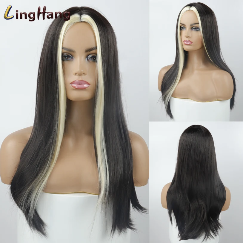 Linghang Black Long Straight Wig For Women Both sides Gold Hair Middle Part Heat Resistant Wavy Cosplay Wig For Girl