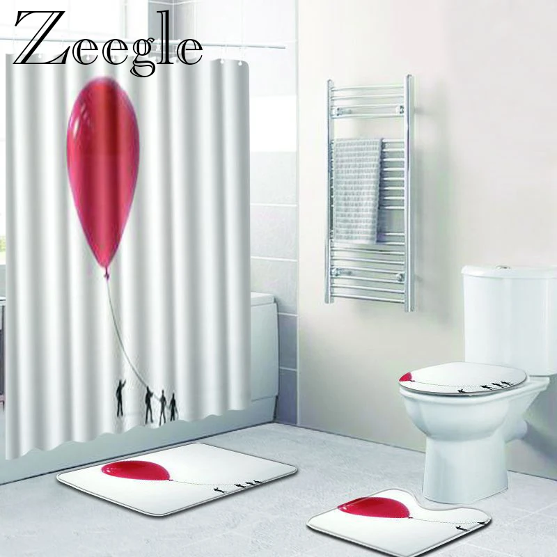 Zeegle 4pcs Bathroom Curtain Bath Mat Set Anti-slip Bathroom Carpet Shower Rug Absorbent Toilet Rug Foot Mat Bathroom Carpet Set