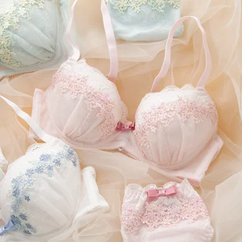 

Japanese Cute Plus Size Women Bralette Embroidery Push Up Bra Set Underwear Fashion Floral Print Thin Bra and Panty Lingerie
