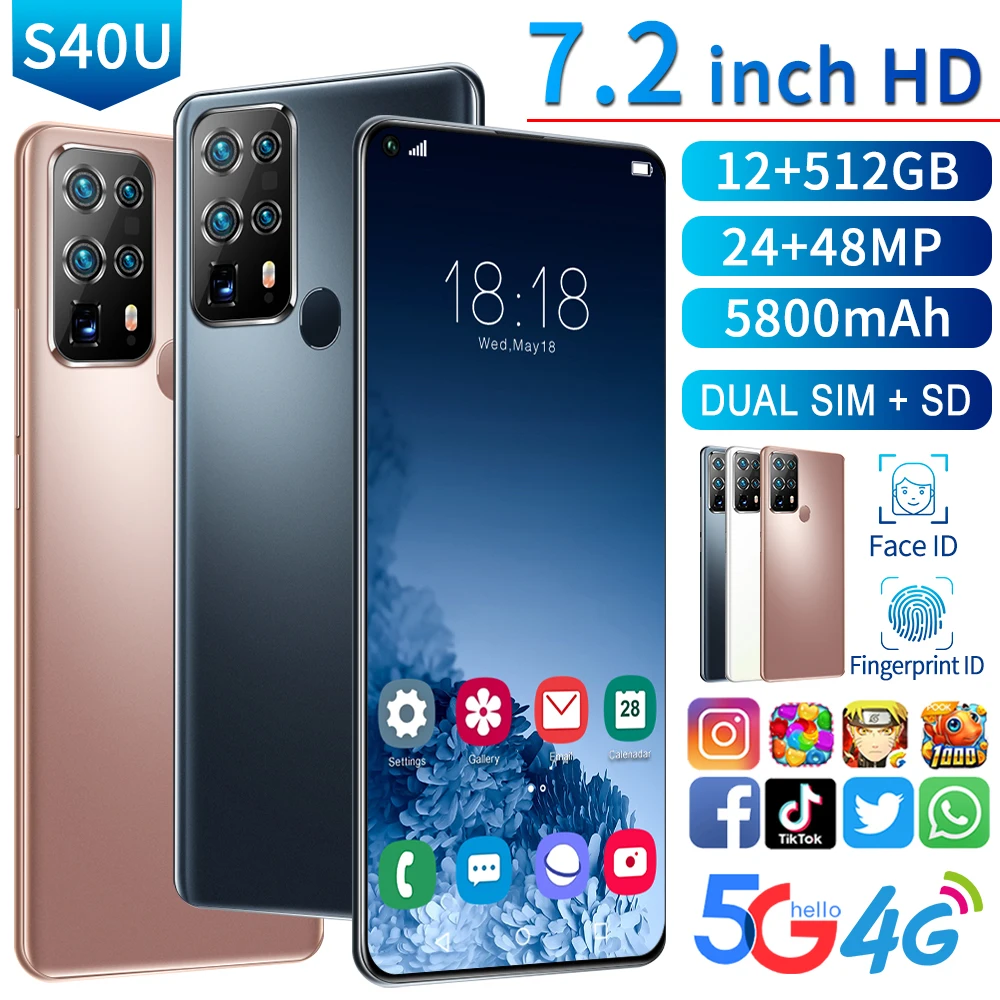 Newest Galax S40U Global Version Smartphone 5G 4G LTE Network 7.2Inch HD Screen Mobile Phone 12+512GB Cellphone SANSUMG S20U
