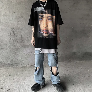 

2020 new high street high quality Asian forced wind printing short-sleeved portrait printing retro dark loose t-shirt