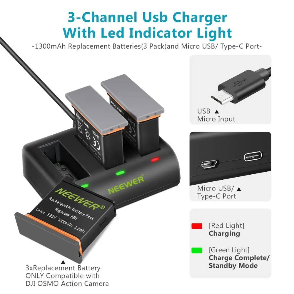 Neewer Battery Charger Set For DJI OSMO Action Camera(3-Pack 1300mAh AB1 Replacement Battery, 3-Channel Charger