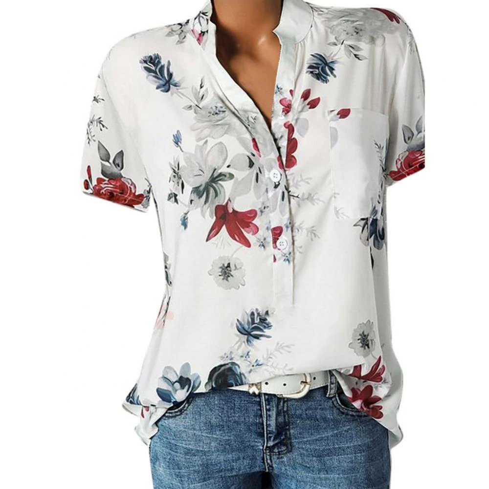 Blusa con estampado de flores para Blusa de manga corta con cuello en V y bolsillo, talla grande, 70%|Camisa| - AliExpress