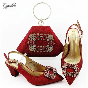 

High class red with nice stone evening party pointed toe shoes and bag sets for fashion lady QSL025, heel height 7CM