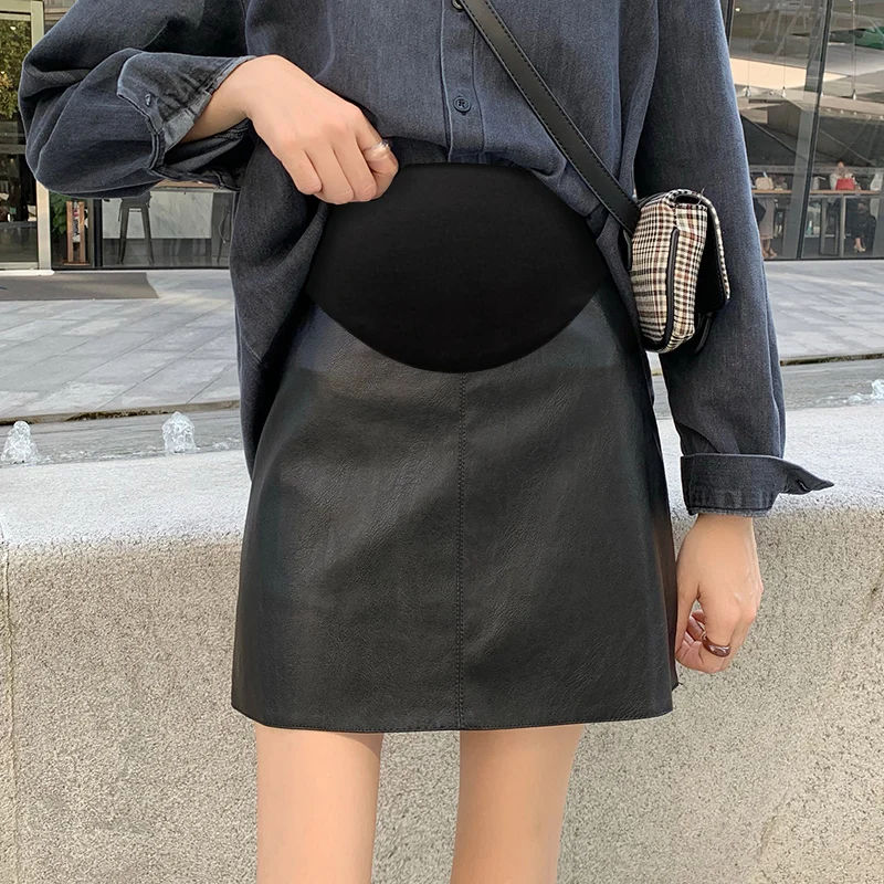 Vintage PU Mini Skirts for Maternity Autumn Winter Fashion Hot Elastic Waist A Line Clothes for Pregnant Women Pregnancy Youth