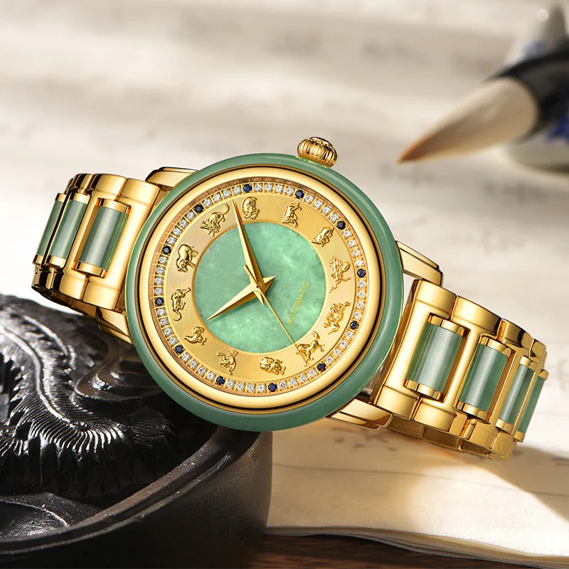 edge of jade jade table 12 zodiac set auger hollow-out the tourbillon jadeite jade mechanical watches for men and women