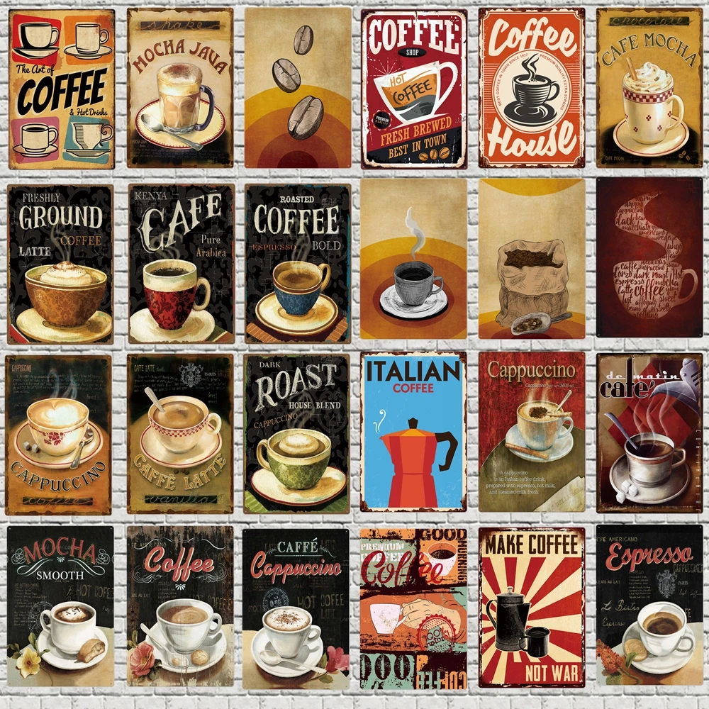 Targhe Decorativo Vintage Caffè | Targa Decorativa in Metallo [Con Rilievo e Autoinstallabile] per caffetteria, Bar, Ristorante, Cucina o Sala da Pranzo | 20 x 30 cm