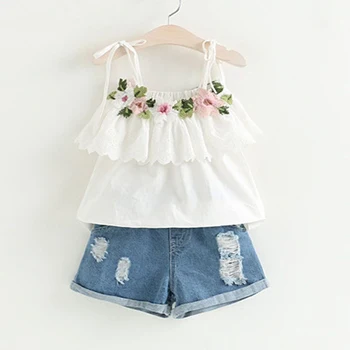 

Girls Summer Clothes New Fashion Girl Suit Embroidered Suspender Top + Denim Shorts Kids Girls Clothes Outfits