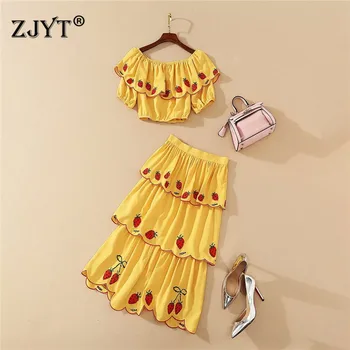 

Fashion Summer Runway Suit Elegant Women Skirt 2Piece Set Lady Elegant Slash Neck Ruffle Crop Top and Skirt