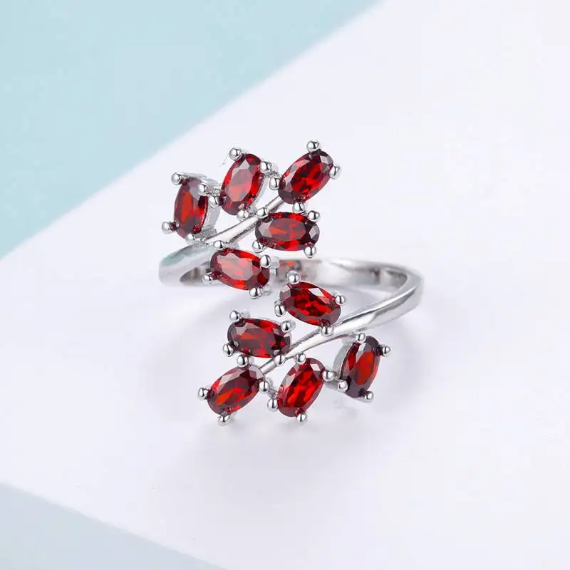 Opening adjustable Silver 925 Jewelry Gemstones Ring for Women Amethyst Ruby Powder crystal Plant Leaf Gift