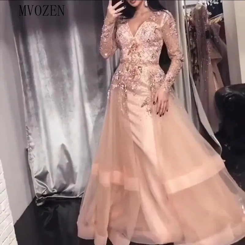 Vestidos шампанского вечернее платье с длинным v-образным вырезом с длинными рукавами с кружевной аппликацией из бисера длиной до пола Вечерние платья robe de soiree - Цвет: Same as image