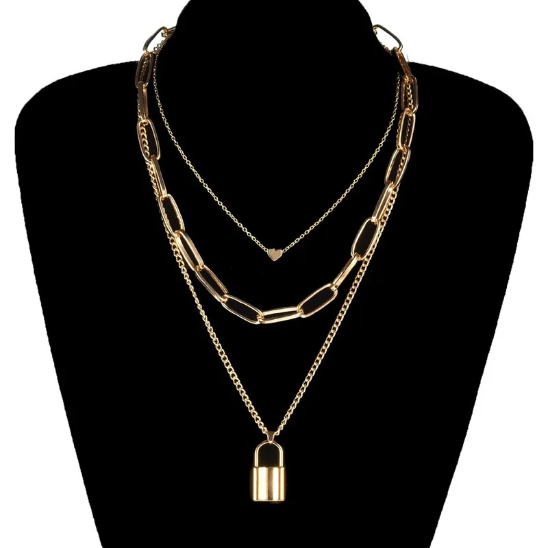 

Creative Geometric Chain Heart Lock Necklace Pendant Gold Punk Multilayer Clavicle Necklaces for Women Fashion Neck Jewelry