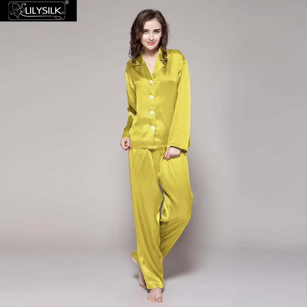 Zinnia Yellow LilySilk 100, пижамный комплект, чистый шелк, пижама для сна, для отдыха, натуральный уход за кожей, для женщин, 22 Momme, с длинным рукавом, свадебная Пижама, для сна - Цвет: Zinnia Yellow