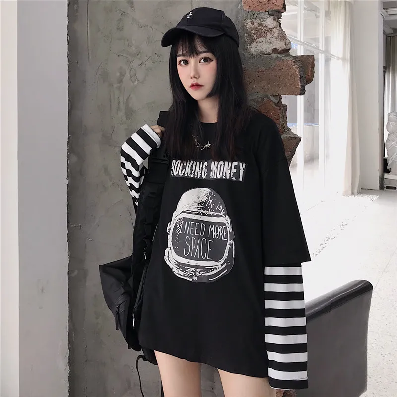 Woherb свободная футболка с длинным рукавом для женщин Harajuku поддельные 2 шт Полосатый Повседневный Топ с буквенным принтом свободные футболки уличная одежда для женщин