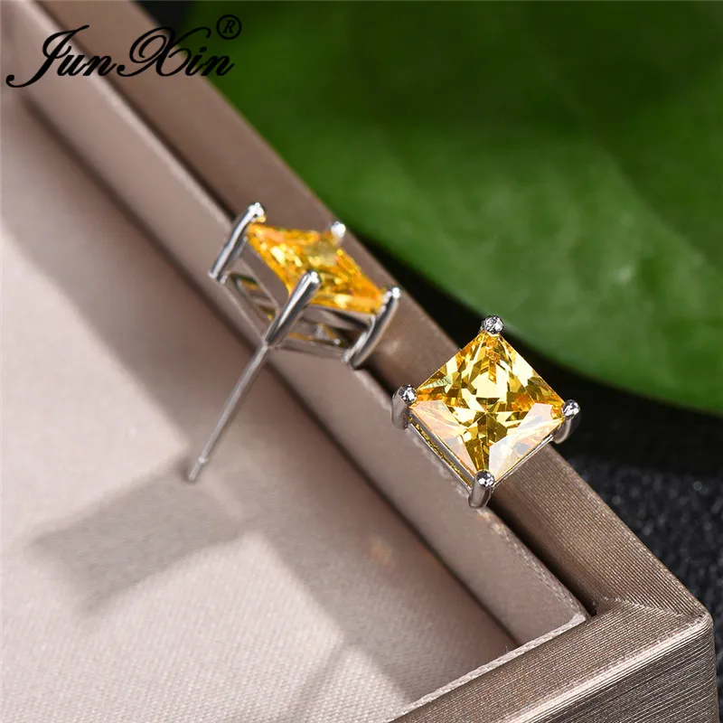 Vintage Yellow Crystal Princess Square Stud Earrings Geometric Zircon Stone Wedding Earrings For Women Stacking Ear Studs