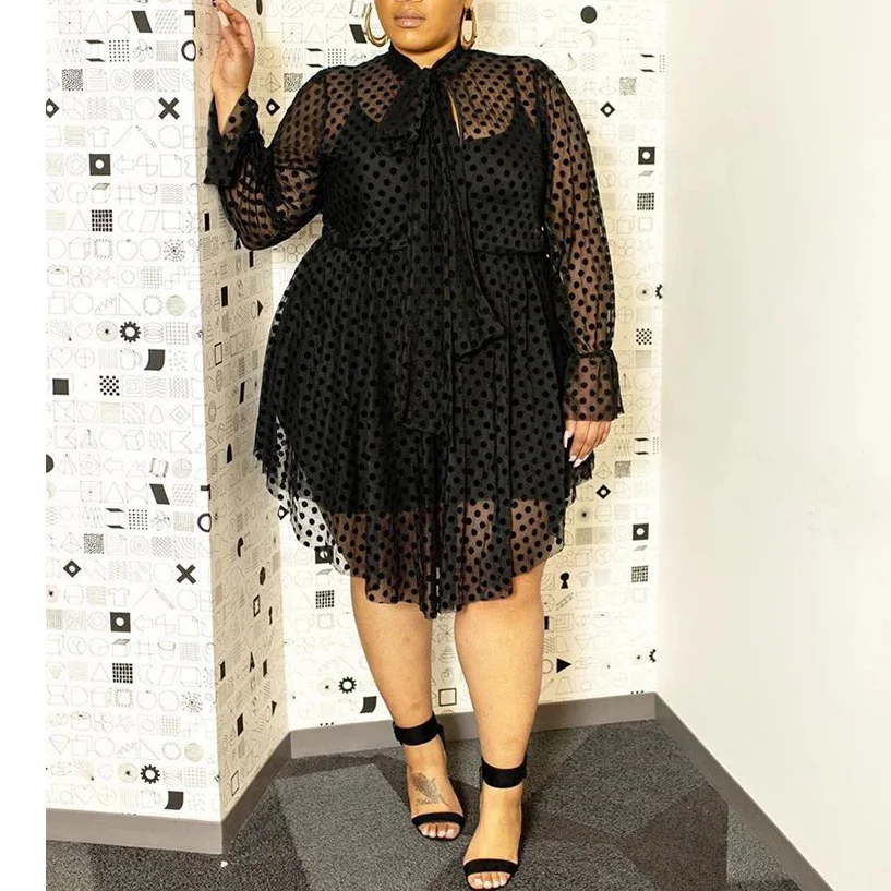 Женское Прозрачное платье в горошек черное асимметричное миди из двух предметов