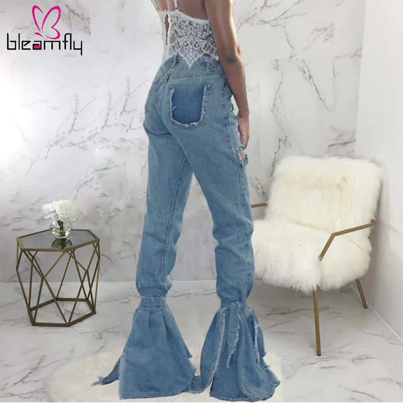 Fall Blue Denim Pants Women High Waist Flare Trousers Ripped Hole Slim Jeans Autumn Female Plus Size High Street Wear