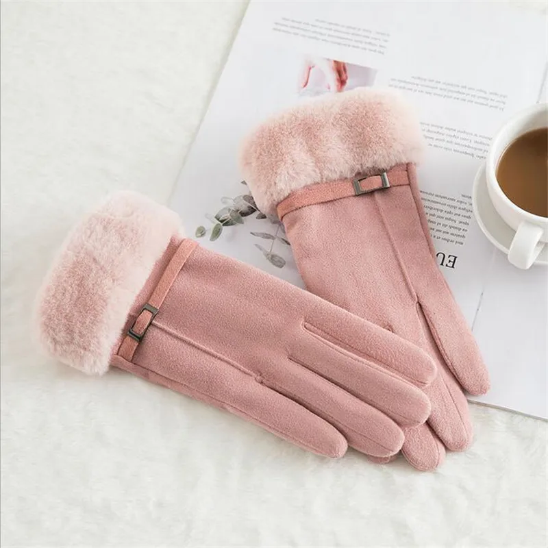 N-915 pink Женские Классические Теплые Перчатки Зимние Модные уличные спортивные перчатки без пальцев женские перчатки с сенсорным экраном женские утепленные замшевые тканевые перчатки - Цвет: N-915 pink