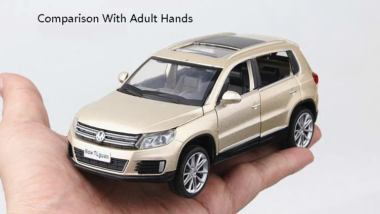 1:32, немецкая модель автомобиля VW Tiguan, литая под давлением, модель автомобиля из Золотого Металла, оттягивающая назад, модель автомобиля с подсветкой, игрушка в подарок для детей